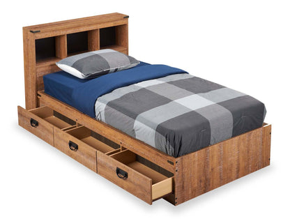 Ensemble de lit Mates en bois flotté avec tête de lit bibliothèque pour enfants, marron - Taille simple | Ensemble lit matelot et tête de lit bibliothèque Driftwood pour enfants, brun - format lit simple