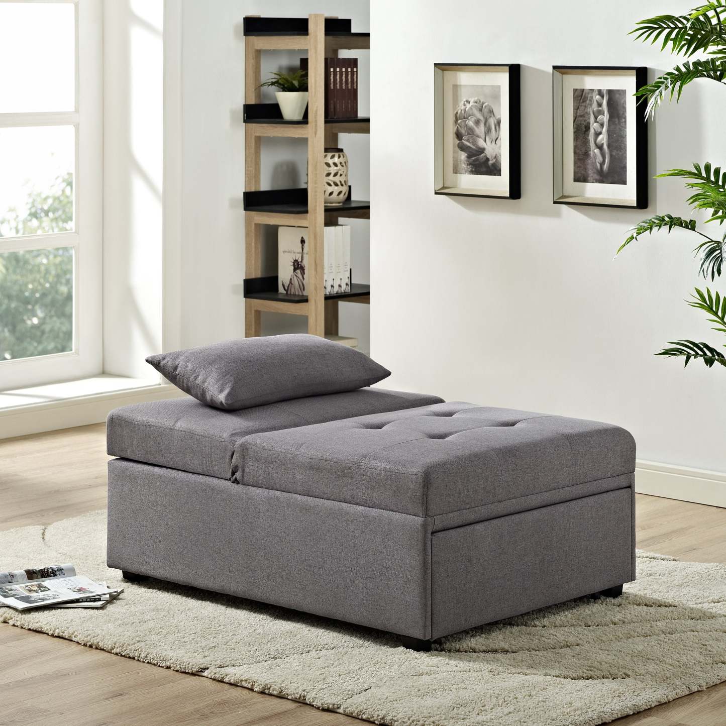 Dune 43.75 Fauteuil-lit convertible en tissu avec coussins capitonnés - Gris | Fauteuil lit convertible Dune de 43,75 po en tissu avec coussins capitonnés - gris