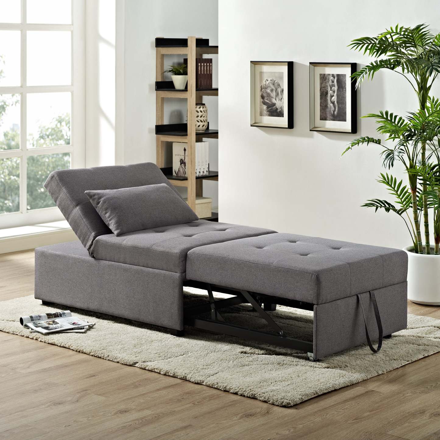 Dune 43.75 Fauteuil-lit convertible en tissu avec coussins capitonnés - Gris | Fauteuil lit convertible Dune de 43,75 po en tissu avec coussins capitonnés - gris