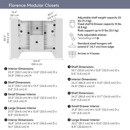 Système de pièce-penderie en forme de U modulaire Florence de Bestar de 105 po avec tringles, tablettes et tiroirs de style Shaker - blanc