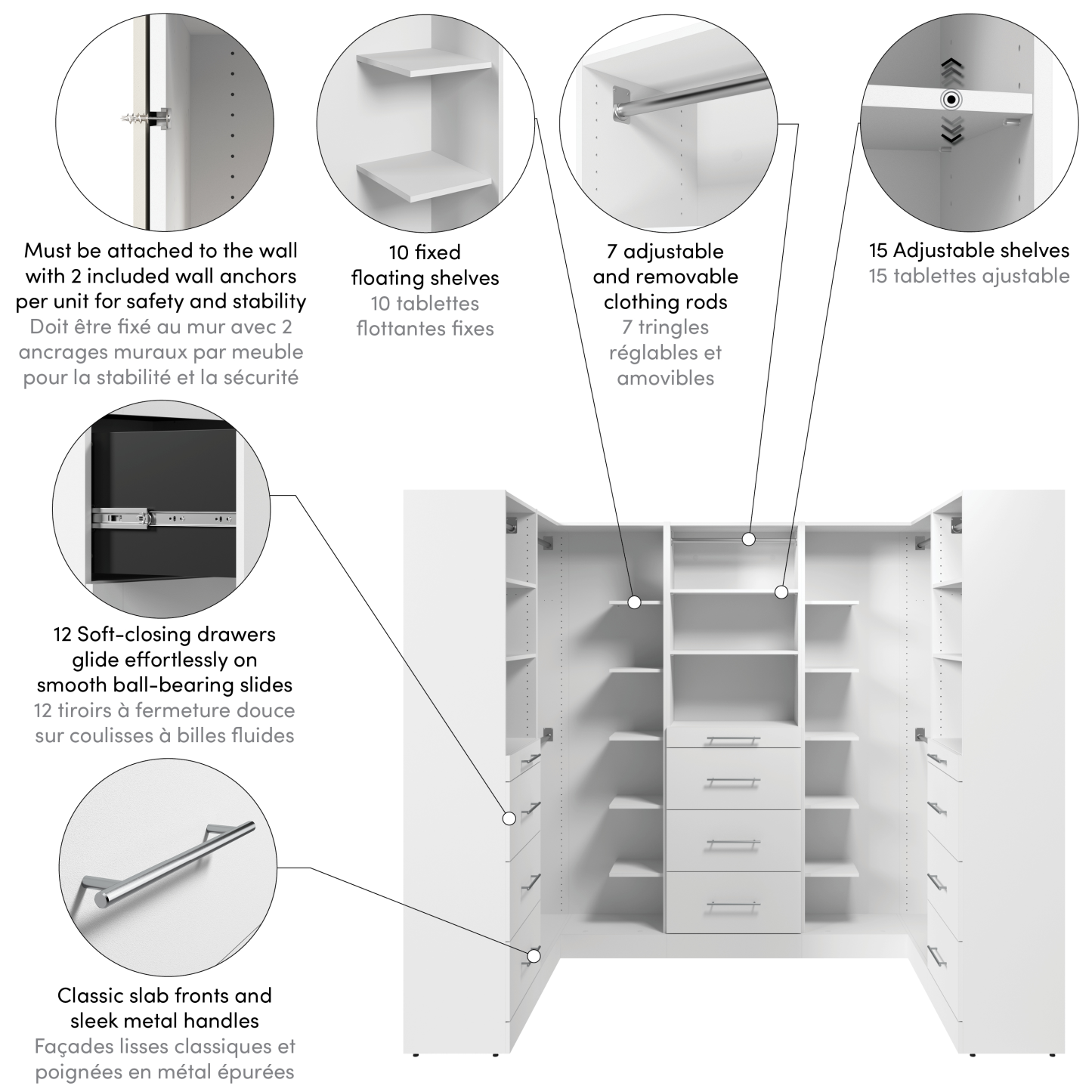 Système de pièce-penderie en forme de U modulaire Florence de Bestar de 94 po avec tringles et rangement - blanc