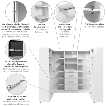 Système de pièce-penderie en forme de U modulaire Florence de Bestar de 94 po avec tringles et rangement - blanc