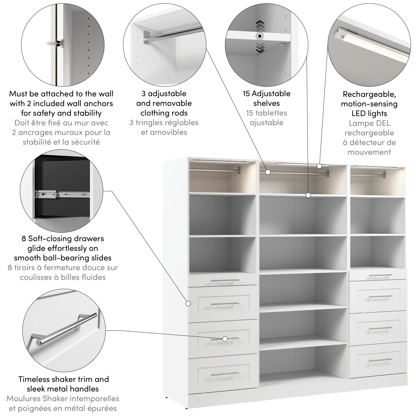Système de garde-robe et pièce-penderie modulaire Florence de Bestar de 85 po avec éclairages à DEL, étagères et tiroirs