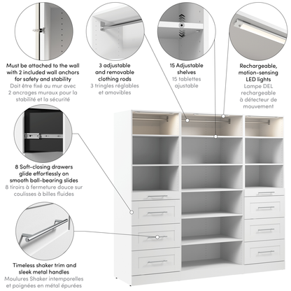 Système de garde-robe et pièce-penderie modulaire Florence de Bestar de 85 po avec éclairages à DEL, étagères et tiroirs