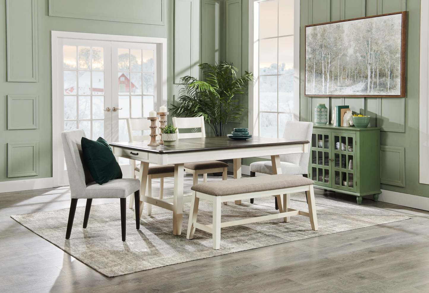 Table de salle à manger Echo avec tiroirs de rangement, bois, base à tréteaux, 70 W - Blanc/Gris | Table de salle à manger Echo de 70 po (L) en bois avec tiroirs de rangement et base à tréteaux - grise et blanche