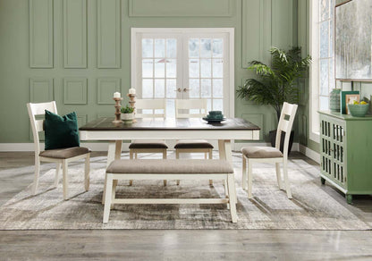 Echo 6pc Dining Table Set with Table, Bench & 4 Chairs, Storage Drawers, Trestle Base, 70W - White/Grey | Ensemble de table de salle à manger Echo 6 pièces avec table de 70 po (L), tiroirs de rangement, base à tréteaux, banc et 4 chaises - blanc-gris