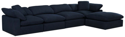 Sofa sectionnel modulaire Eclipse 5 pièces en tissu d’apparence lin avec pouf et coussins réversibles en duvet et plumes - bleu marine