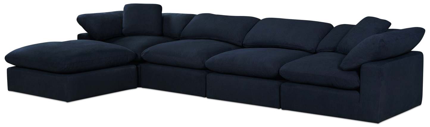 Sofa sectionnel modulaire Eclipse 5 pièces en tissu d’apparence lin avec pouf et coussins réversibles en duvet et plumes - bleu marine
