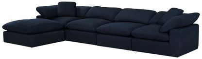 Sofa sectionnel modulaire Eclipse 5 pièces en tissu d’apparence lin avec pouf et coussins réversibles en duvet et plumes - bleu marine