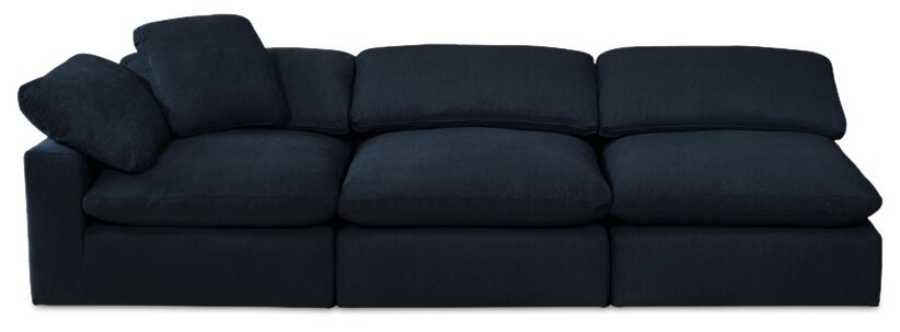 Sofa sectionnel modulaire Eclipse 5 pièces en tissu d’apparence lin avec pouf et coussins réversibles en duvet et plumes - bleu marine