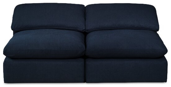 Sofa sectionnel modulaire Eclipse 5 pièces en tissu d’apparence lin avec pouf et coussins réversibles en duvet et plumes - bleu marine