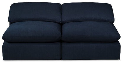 Sofa sectionnel modulaire Eclipse 5 pièces en tissu d’apparence lin avec pouf et coussins réversibles en duvet et plumes - bleu marine