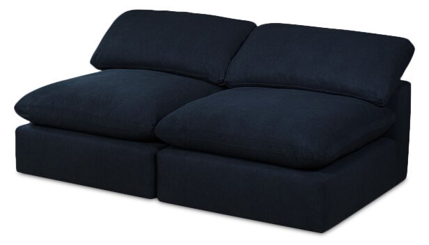 Sofa sectionnel modulaire Eclipse 5 pièces en tissu d’apparence lin avec pouf et coussins réversibles en duvet et plumes - bleu marine
