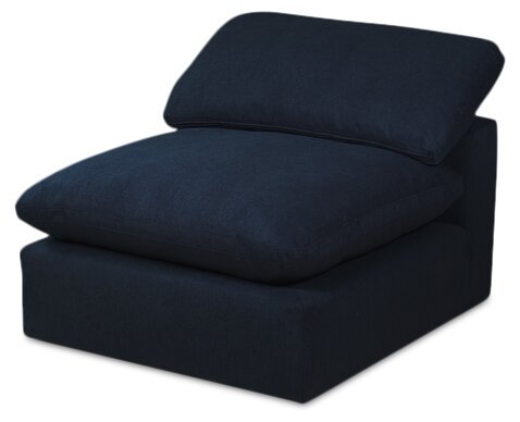 Sofa sectionnel modulaire Eclipse 5 pièces en tissu d’apparence lin avec pouf et coussins réversibles en duvet et plumes - bleu marine