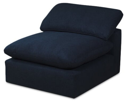 Sofa sectionnel modulaire Eclipse 5 pièces en tissu d’apparence lin avec pouf et coussins réversibles en duvet et plumes - bleu marine