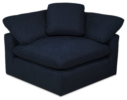 Sofa sectionnel modulaire Eclipse 5 pièces en tissu d’apparence lin avec pouf et coussins réversibles en duvet et plumes - bleu marine