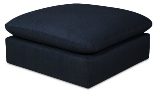 Sofa sectionnel modulaire Eclipse 5 pièces en tissu d’apparence lin avec pouf et coussins réversibles en duvet et plumes - bleu marine