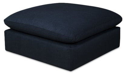 Sofa sectionnel modulaire Eclipse 5 pièces en tissu d’apparence lin avec pouf et coussins réversibles en duvet et plumes - bleu marine