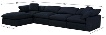 Sofa sectionnel modulaire Eclipse 5 pièces en tissu d’apparence lin avec pouf et coussins réversibles en duvet et plumes - bleu marine