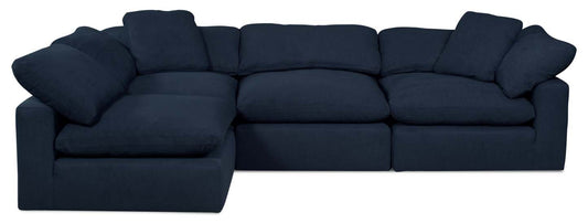 Canapé sectionnel modulaire de style cocon Eclipse 4 pièces en tissu d'apparence lin avec coussins réversibles en couette et plumes - bleu marine