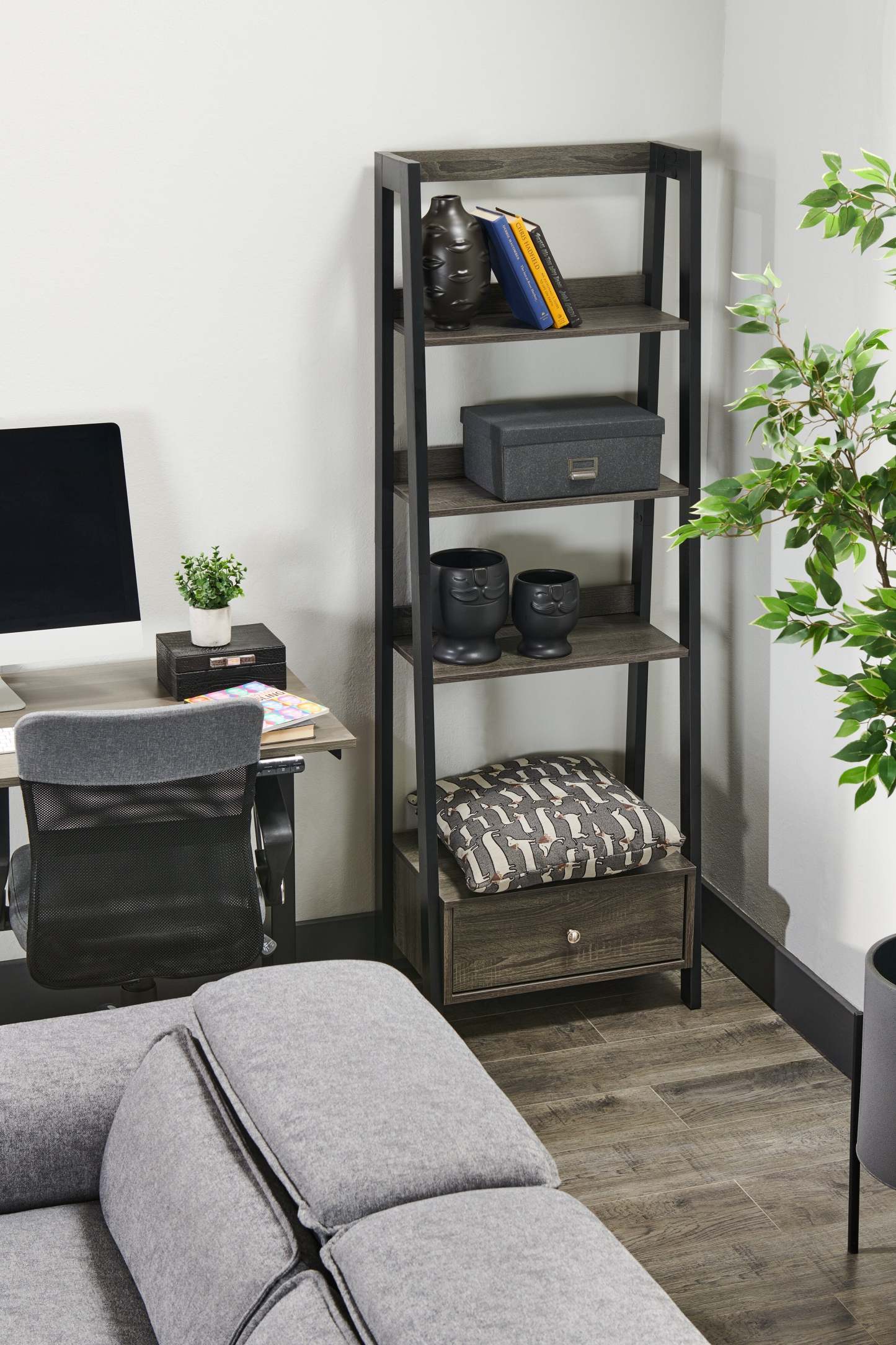 Bibliothèque ouverte style échelle Eden 24 avec tiroir - Gris|Bibliothèque ouverte Eden de 24 po de style échelle avec tiroir - grise