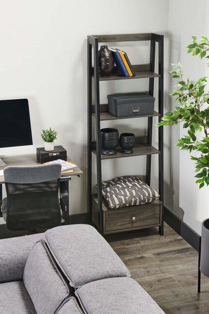 Bibliothèque ouverte style échelle Eden 24 avec tiroir - Gris|Bibliothèque ouverte Eden de 24 po de style échelle avec tiroir - grise