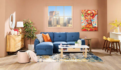 Sofa-lit sectionnel réversible Eden 2 pièces en tissu avec fauteuil long de rangement et coussins de dossier amovibles - bleu