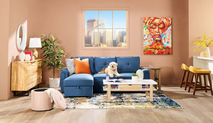 Sofa-lit sectionnel réversible Eden 2 pièces en tissu avec fauteuil long de rangement et coussins de dossier amovibles - bleu