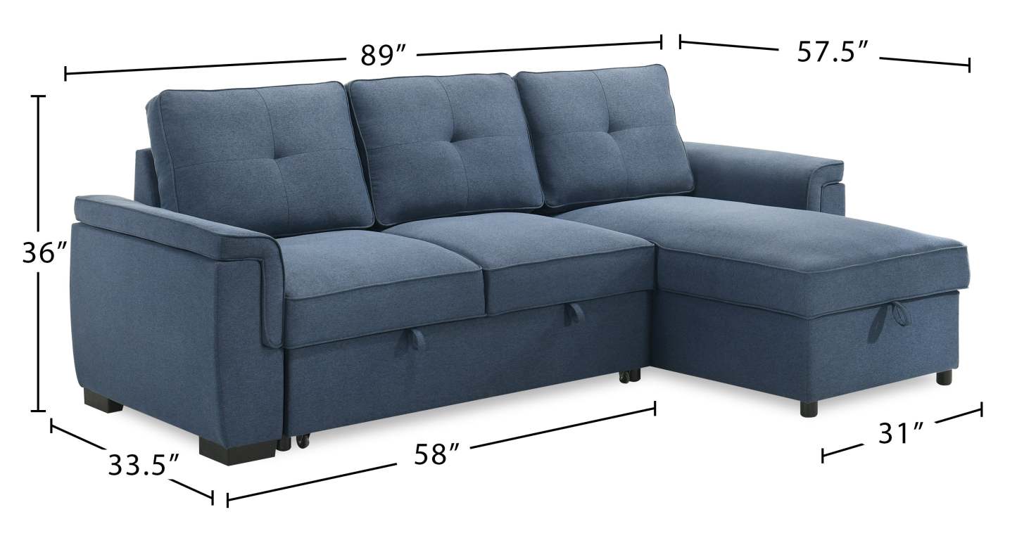 Sofa-lit sectionnel réversible Eden 2 pièces en tissu avec fauteuil long de rangement et coussins de dossier amovibles - bleu