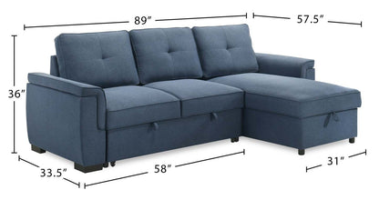 Sofa-lit sectionnel réversible Eden 2 pièces en tissu avec fauteuil long de rangement et coussins de dossier amovibles - bleu