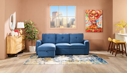 Sofa-lit sectionnel réversible Eden 2 pièces en tissu avec fauteuil long de rangement et coussins de dossier amovibles - bleu
