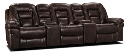 Sofa sectionnel inclinable Leo 5 pièces de style cinéma maison en similicuir avec consoles de rangement et porte-gobelets - brun noyer