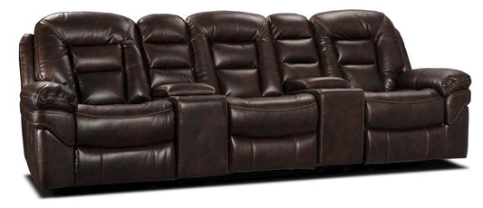 Sofa sectionnel inclinable Leo 5 pièces de style cinéma maison en similicuir avec consoles de rangement et porte-gobelets - brun noyer