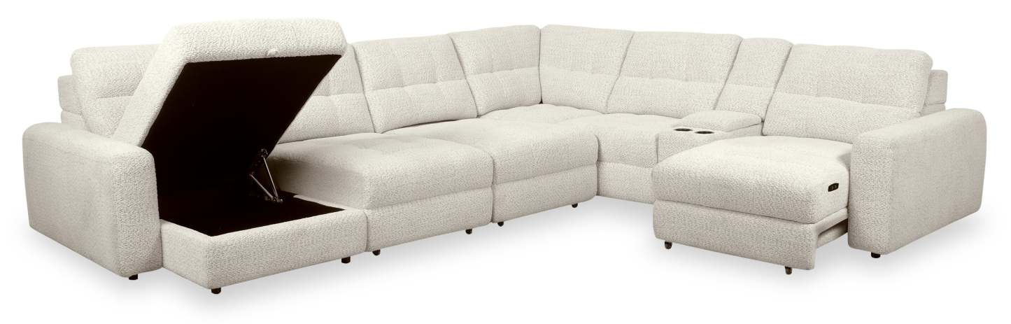 Scott Living Elevate Modular 7-Piece Left-Facing Chenille Fabric Power Sliding Sectional with Storage - Beige | Canapé sectionnel modulaire à coulissement électrique de gauche Elevate de Scott Living 7 pièces en tissu de chenille avec rangement - beige