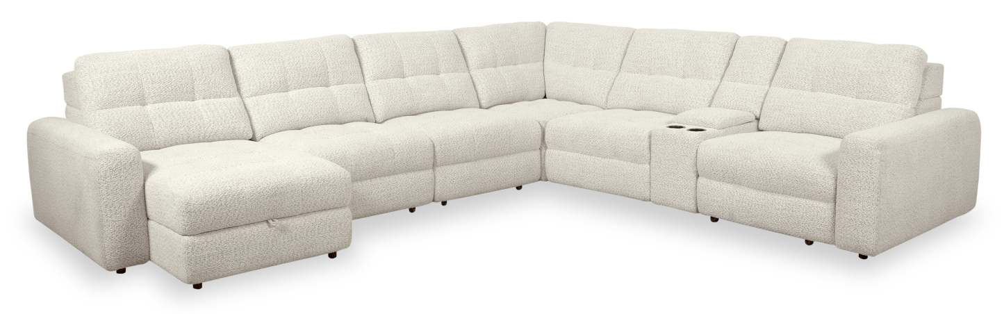 Scott Living Elevate Modular 7-Piece Left-Facing Chenille Fabric Power Sliding Sectional with Storage - Beige | Canapé sectionnel modulaire à coulissement électrique de gauche Elevate de Scott Living 7 pièces en tissu de chenille avec rangement - beige