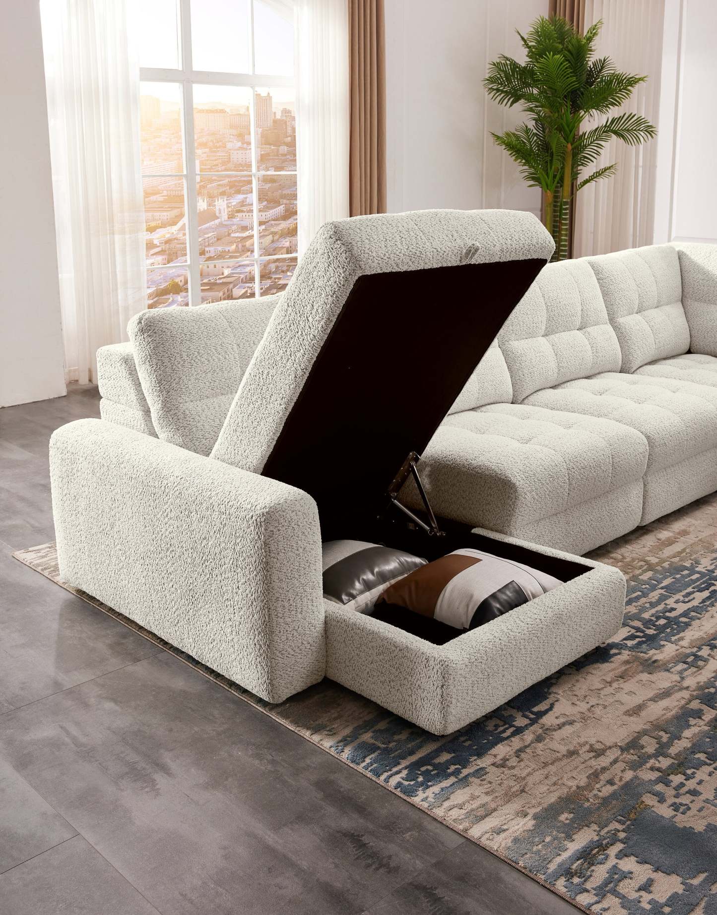 Scott Living Elevate Modular 7-Piece Left-Facing Chenille Fabric Power Sliding Sectional with Storage - Beige | Canapé sectionnel modulaire à coulissement électrique de gauche Elevate de Scott Living 7 pièces en tissu de chenille avec rangement - beige