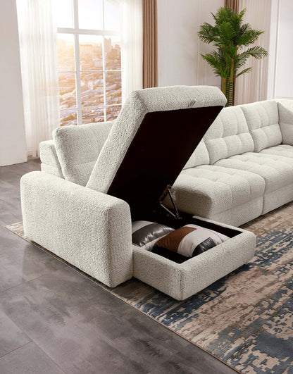 Scott Living Elevate Modular 7-Piece Left-Facing Chenille Fabric Power Sliding Sectional with Storage - Beige | Canapé sectionnel modulaire à coulissement électrique de gauche Elevate de Scott Living 7 pièces en tissu de chenille avec rangement - beige