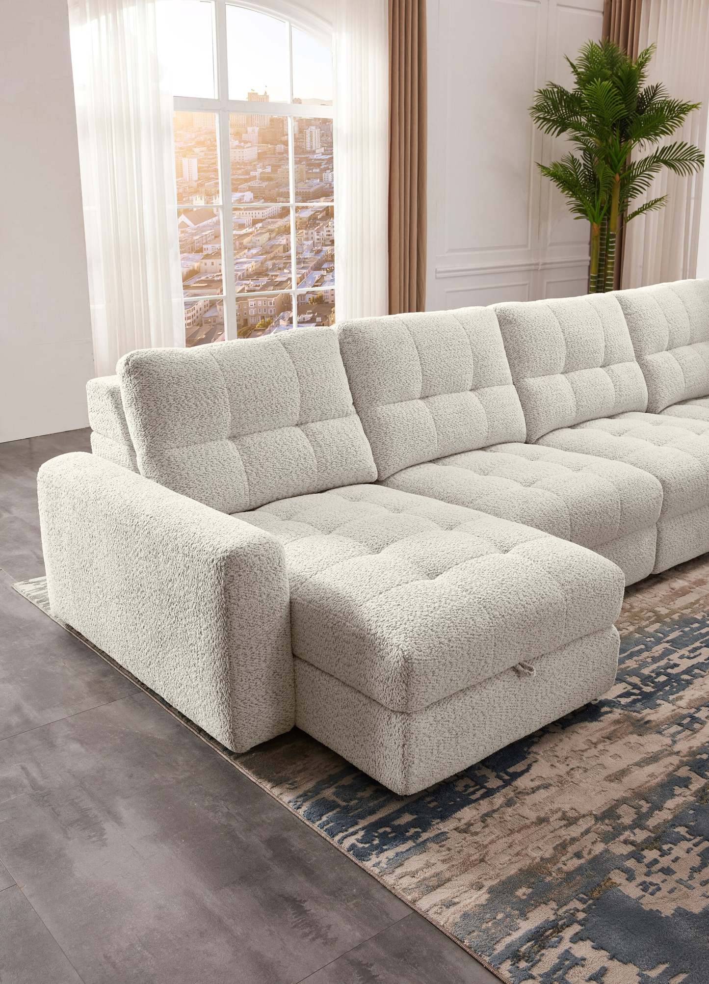 Scott Living Elevate Modular 7-Piece Left-Facing Chenille Fabric Power Sliding Sectional with Storage - Beige | Canapé sectionnel modulaire à coulissement électrique de gauche Elevate de Scott Living 7 pièces en tissu de chenille avec rangement - beige