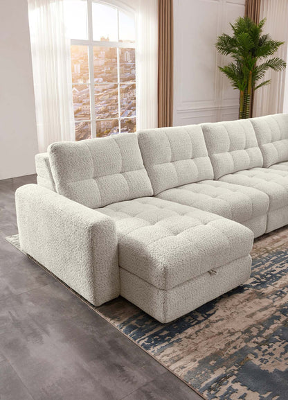 Scott Living Elevate Modular 7-Piece Left-Facing Chenille Fabric Power Sliding Sectional with Storage - Beige | Canapé sectionnel modulaire à coulissement électrique de gauche Elevate de Scott Living 7 pièces en tissu de chenille avec rangement - beige
