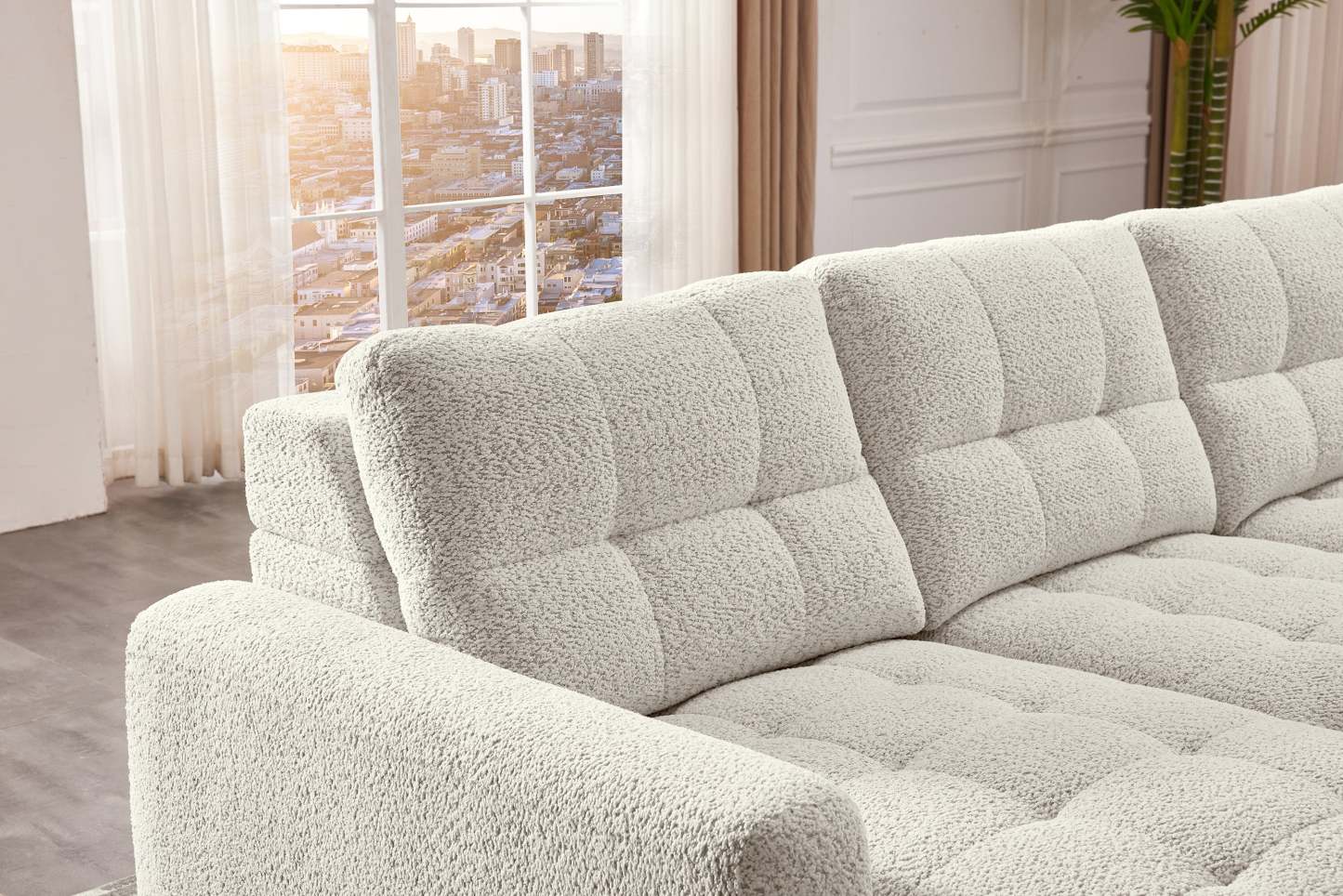 Scott Living Elevate Modular 7-Piece Left-Facing Chenille Fabric Power Sliding Sectional with Storage - Beige | Canapé sectionnel modulaire à coulissement électrique de gauche Elevate de Scott Living 7 pièces en tissu de chenille avec rangement - beige