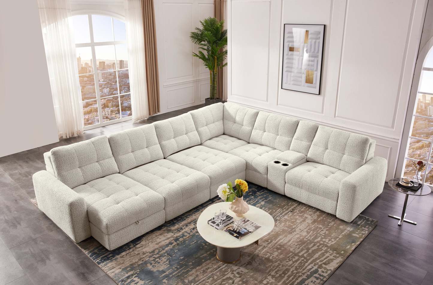 Scott Living Elevate Modular 7-Piece Left-Facing Chenille Fabric Power Sliding Sectional with Storage - Beige | Canapé sectionnel modulaire à coulissement électrique de gauche Elevate de Scott Living 7 pièces en tissu de chenille avec rangement - beige