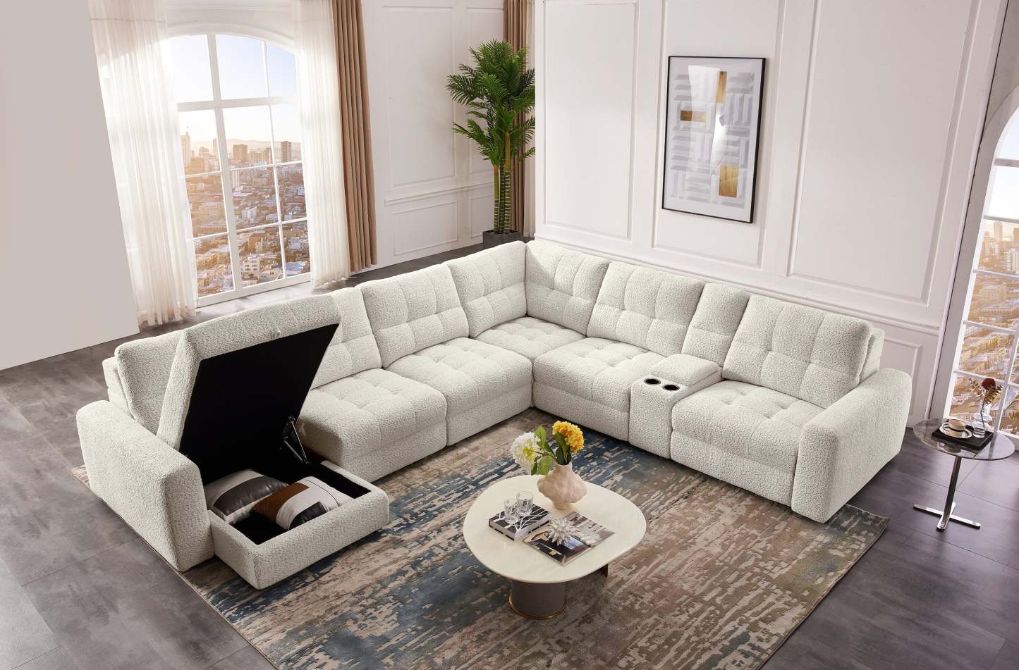 Scott Living Elevate Modular 7-Piece Left-Facing Chenille Fabric Power Sliding Sectional with Storage - Beige | Canapé sectionnel modulaire à coulissement électrique de gauche Elevate de Scott Living 7 pièces en tissu de chenille avec rangement - beige