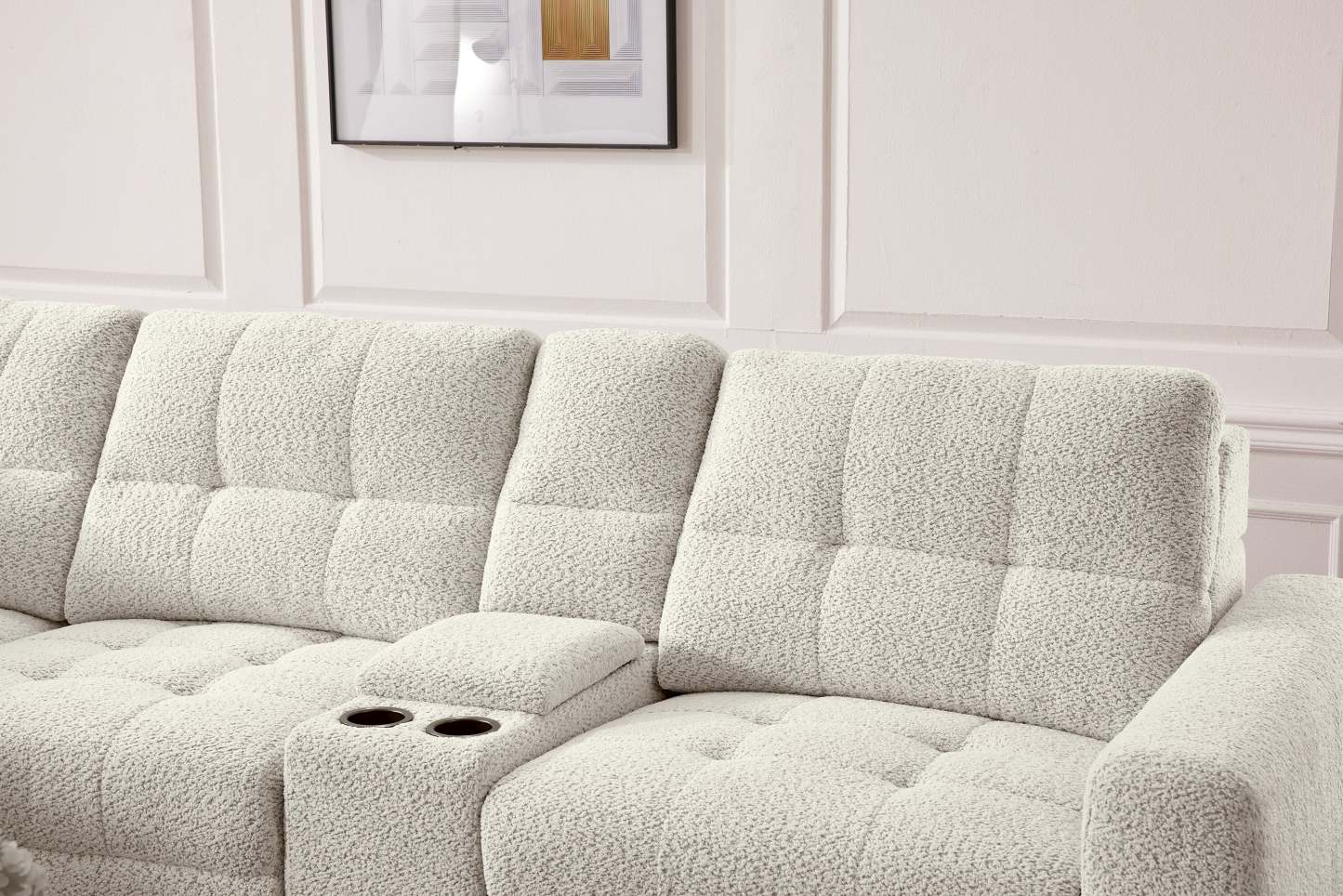 Scott Living Elevate Modular 7-Piece Left-Facing Chenille Fabric Power Sliding Sectional with Storage - Beige | Canapé sectionnel modulaire à coulissement électrique de gauche Elevate de Scott Living 7 pièces en tissu de chenille avec rangement - beige