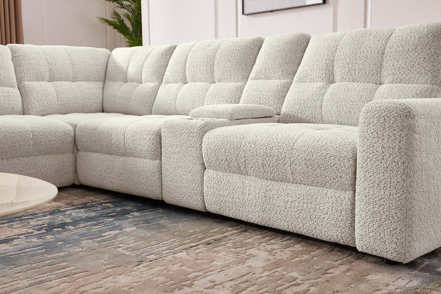 Scott Living Elevate Modular 7-Piece Left-Facing Chenille Fabric Power Sliding Sectional with Storage - Beige | Canapé sectionnel modulaire à coulissement électrique de gauche Elevate de Scott Living 7 pièces en tissu de chenille avec rangement - beige