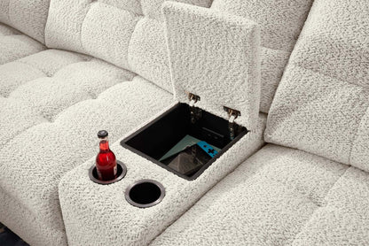 Scott Living Elevate Modular 7-Piece Left-Facing Chenille Fabric Power Sliding Sectional with Storage - Beige | Canapé sectionnel modulaire à coulissement électrique de gauche Elevate de Scott Living 7 pièces en tissu de chenille avec rangement - beige