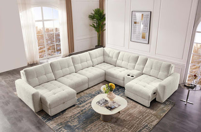Scott Living Elevate Modular 7-Piece Left-Facing Chenille Fabric Power Sliding Sectional with Storage - Beige | Canapé sectionnel modulaire à coulissement électrique de gauche Elevate de Scott Living 7 pièces en tissu de chenille avec rangement - beige