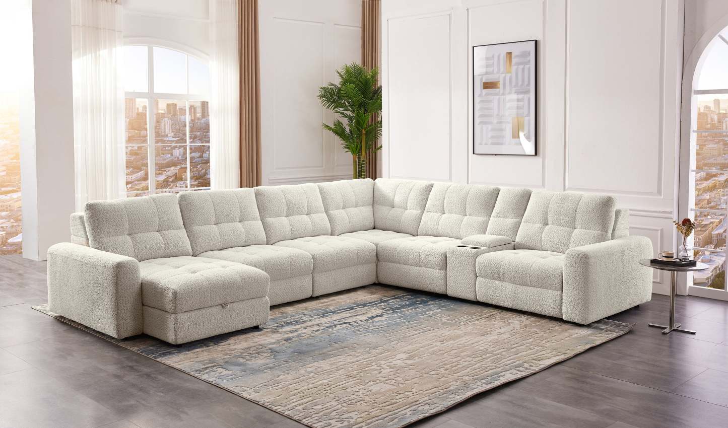 Scott Living Elevate Modular 7-Piece Left-Facing Chenille Fabric Power Sliding Sectional with Storage - Beige | Canapé sectionnel modulaire à coulissement électrique de gauche Elevate de Scott Living 7 pièces en tissu de chenille avec rangement - beige
