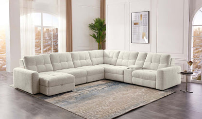 Scott Living Elevate Modular 7-Piece Left-Facing Chenille Fabric Power Sliding Sectional with Storage - Beige | Canapé sectionnel modulaire à coulissement électrique de gauche Elevate de Scott Living 7 pièces en tissu de chenille avec rangement - beige