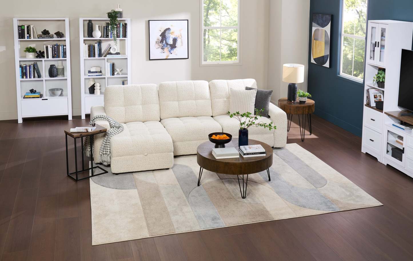 Scott Living Elevate Modular 3-Piece Left-Facing Chenille Fabric Power Reclining and Sliding Sectional - Beige | Canapé sectionnel modulaire à coulissement et inclinaison électriques de gauche Elevate de Scott Living 3 pièces en tissu de chenille - beige