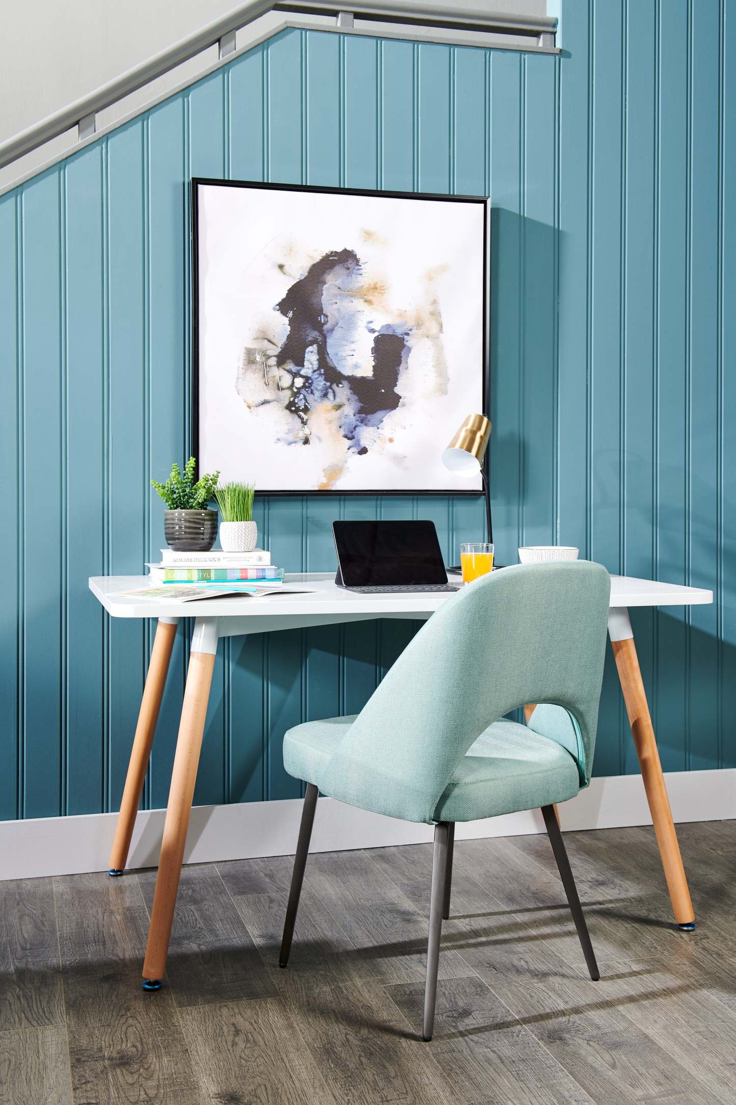 Chaise de salle à manger Elijah avec tissu d'apparence lin, métal - Aqua | Chaise de salle à manger Elijah en tissu d'apparence lin et en métal - turquoise